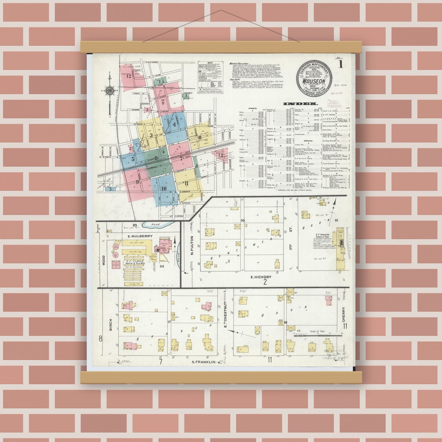 Old map wall art mockup — magnetic wood frame on brick wall — Sanborn Fire Insurance Map from Wauseon, Fulton County, Ohio (1910) - Complete Map Set