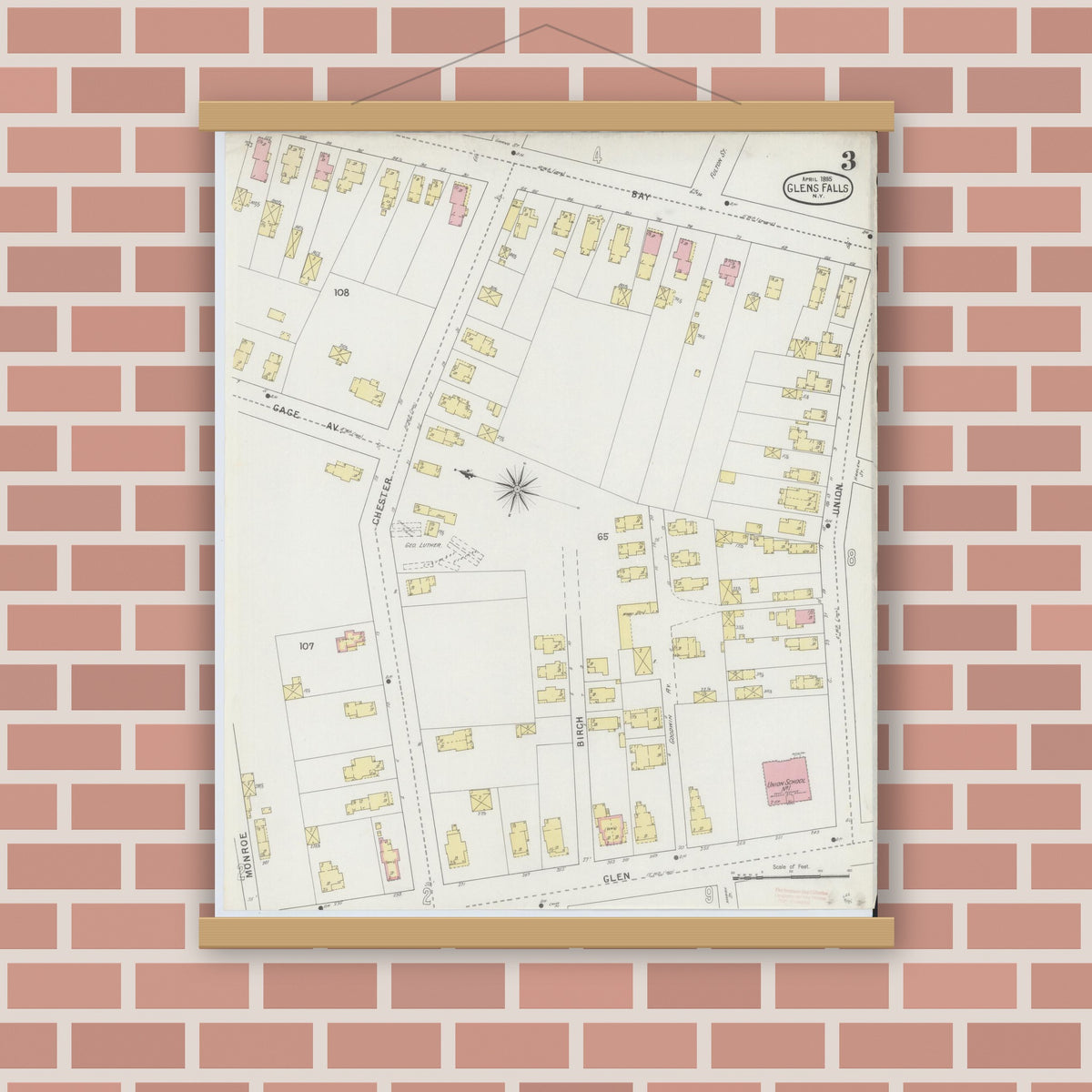 Old map wall art mockup — magnetic wood frame on brick wall — Sanborn Fire Insurance Map from Glens Falls, Warren County, New York (1895), Sheet #0003