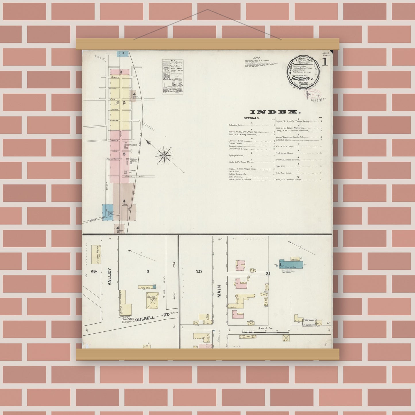 Old map wall art mockup — magnetic wood frame on brick wall — Sanborn Fire Insurance Map from Abingdon, Washington County, Virginia (1891), Sheet #0001