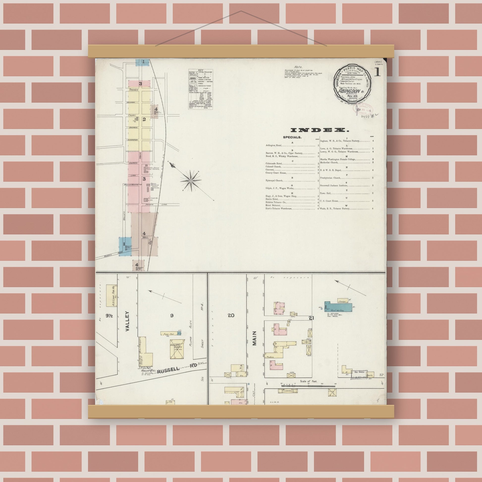 Old map wall art mockup — magnetic wood frame on brick wall — Sanborn Fire Insurance Map from Abingdon, Washington County, Virginia (1891), Sheet #0001
