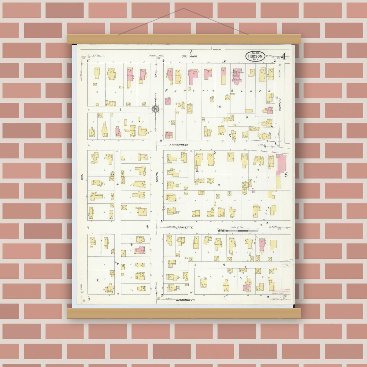 Old map wall art mockup — magnetic wood frame on brick wall — Sanborn Fire Insurance Map from Hudson, Lenawee County, Michigan (1912), Sheet #0004