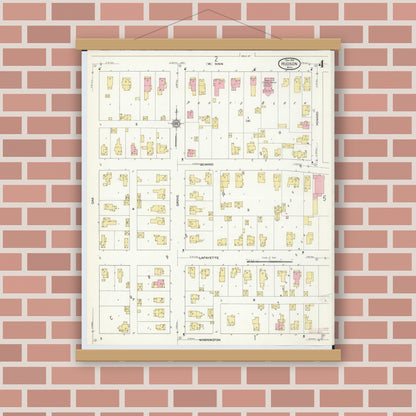 Old map wall art mockup — magnetic wood frame on brick wall — Sanborn Fire Insurance Map from Hudson, Lenawee County, Michigan (1912), Sheet #0004