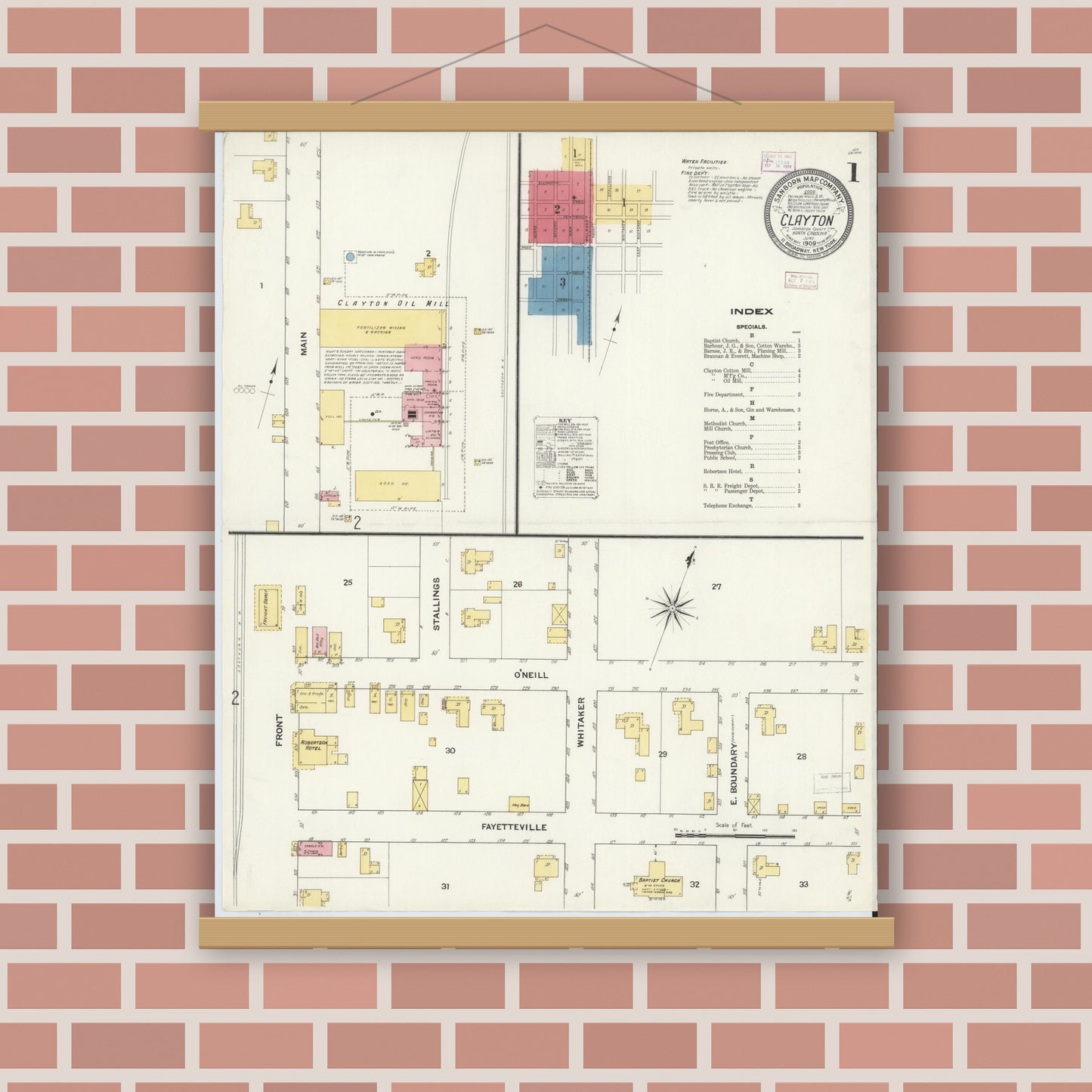 Old map wall art mockup — magnetic wood frame on brick wall — Sanborn Fire Insurance Map from Clayton, Johnston County, North Carolina (1909) - Complete Map Set