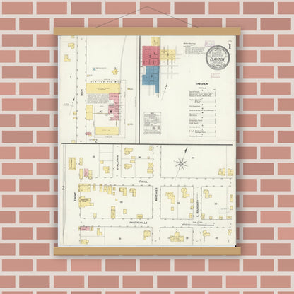 Old map wall art mockup — magnetic wood frame on brick wall — Sanborn Fire Insurance Map from Clayton, Johnston County, North Carolina (1909) - Complete Map Set