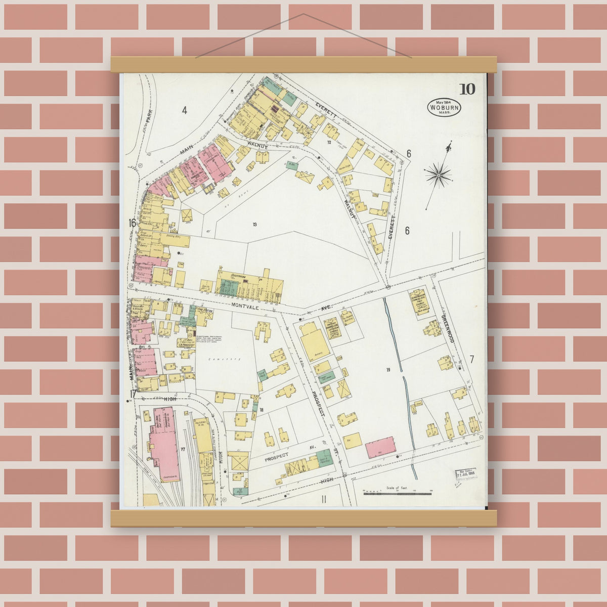 Old map wall art mockup — magnetic wood frame on brick wall — Sanborn Fire Insurance Map from Woburn, Middlesex County, Massachusetts (1904), Sheet #0010