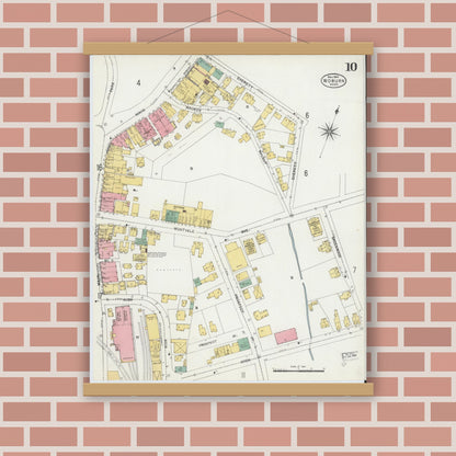 Old map wall art mockup — magnetic wood frame on brick wall — Sanborn Fire Insurance Map from Woburn, Middlesex County, Massachusetts (1904), Sheet #0010