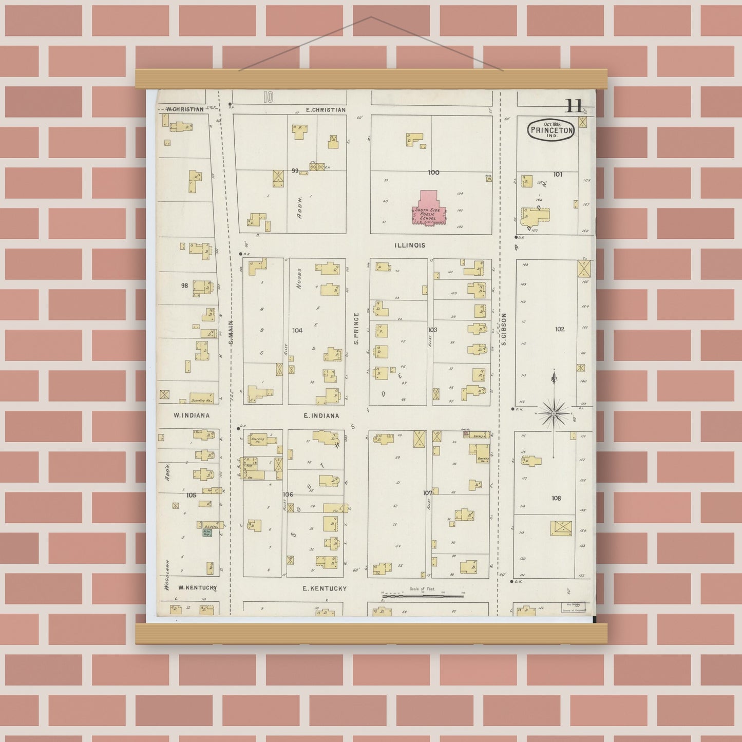Old map wall art mockup — magnetic wood frame on brick wall — Sanborn Fire Insurance Map from Princeton, Gibson County, Indiana (1895), Sheet #0011