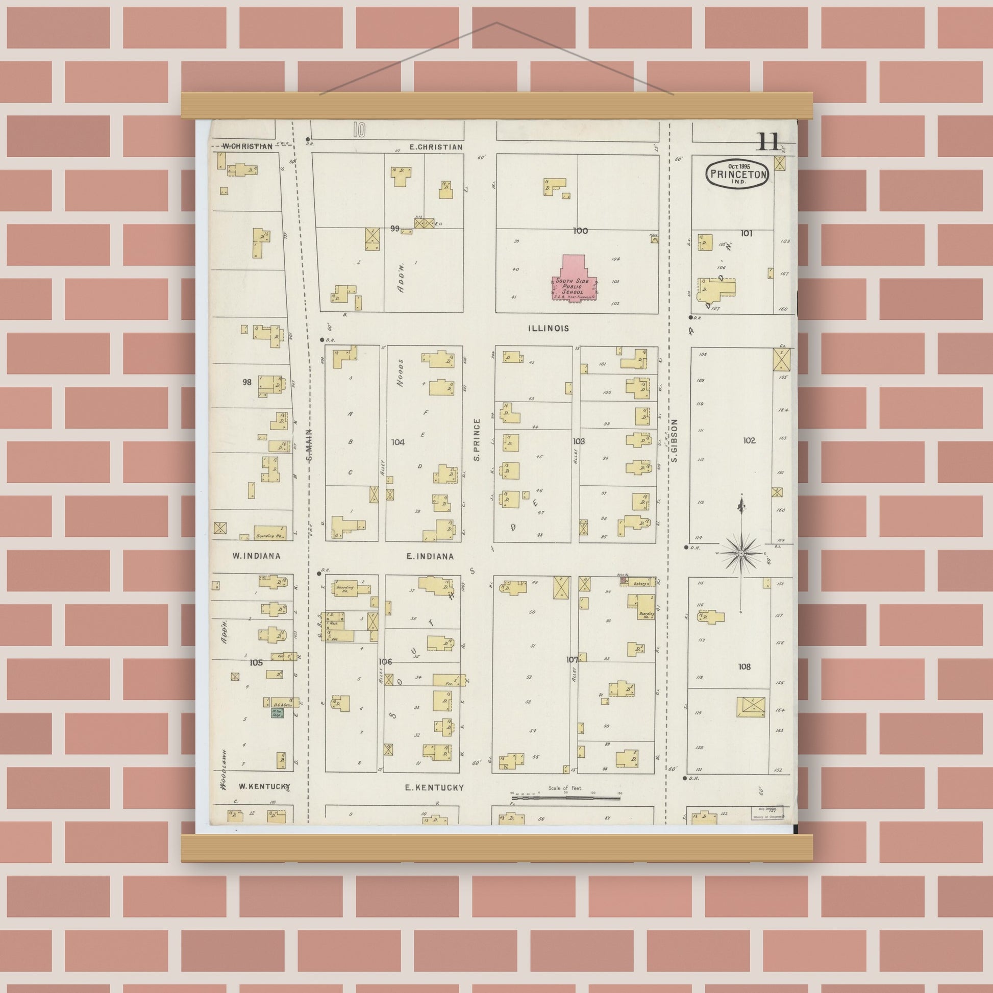 Old map wall art mockup — magnetic wood frame on brick wall — Sanborn Fire Insurance Map from Princeton, Gibson County, Indiana (1895), Sheet #0011