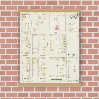 Old map wall art mockup — magnetic wood frame on brick wall — Sanborn Fire Insurance Map from Princeton, Gibson County, Indiana (1895), Sheet #0011