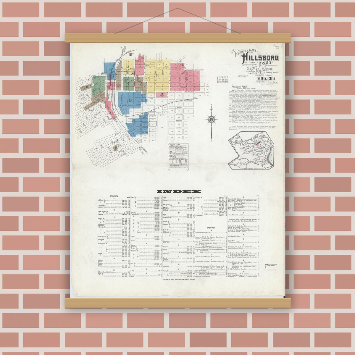 Old map wall art mockup — magnetic wood frame on brick wall — Sanborn Fire Insurance Map from Hillsboro, Hill County, Texas (1918) - Complete Map Set