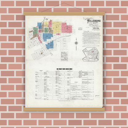 Old map wall art mockup — magnetic wood frame on brick wall — Sanborn Fire Insurance Map from Hillsboro, Hill County, Texas (1918) - Complete Map Set