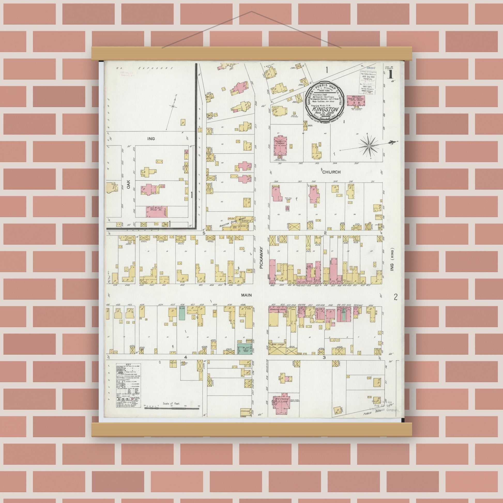 Old map wall art mockup — magnetic wood frame on brick wall — Sanborn Fire Insurance Map from Kingston, Ross County, Ohio (1900) - Complete Map Set