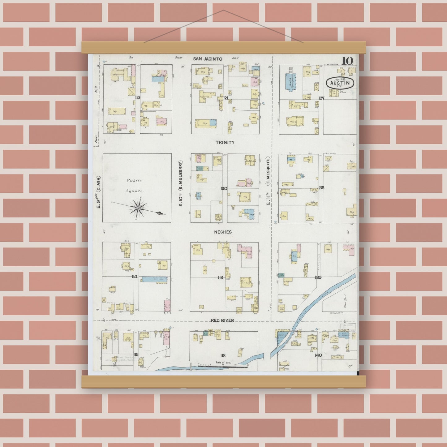 Old map wall art mockup — magnetic wood frame on brick wall — Sanborn Fire Insurance Map from Austin, Travis County, Texas (1889), Sheet #0010