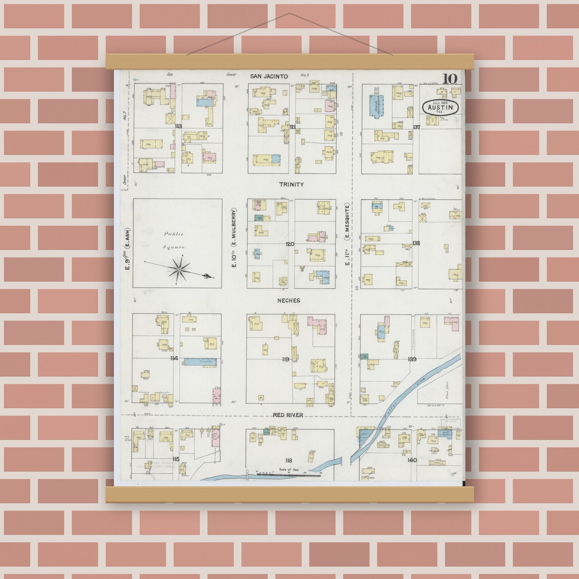 Old map wall art mockup — magnetic wood frame on brick wall — Sanborn Fire Insurance Map from Austin, Travis County, Texas (1889), Sheet #0010
