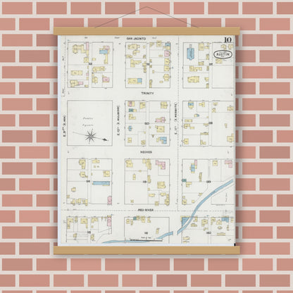Old map wall art mockup — magnetic wood frame on brick wall — Sanborn Fire Insurance Map from Austin, Travis County, Texas (1889), Sheet #0010