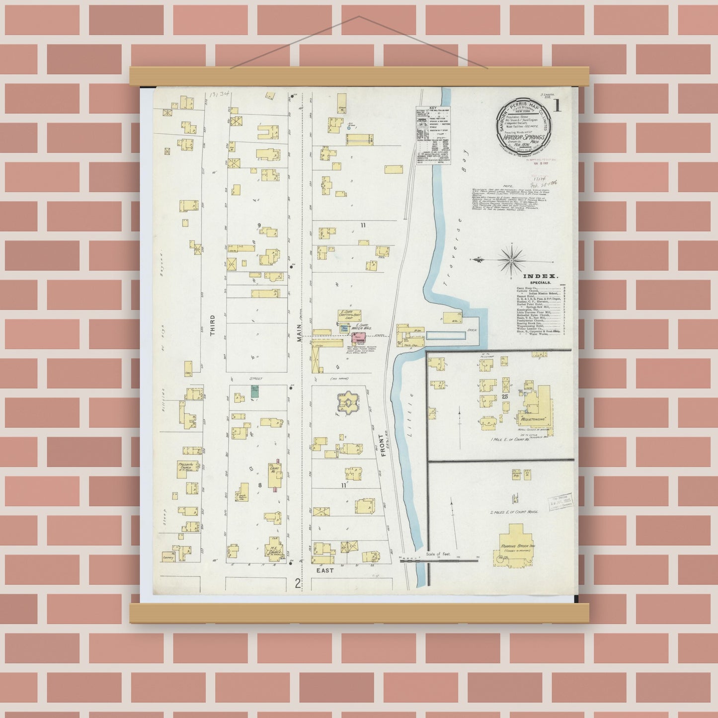 Old map wall art mockup — magnetic wood frame on brick wall — Sanborn Fire Insurance Map from Harbor Springs, Emmet County, Michigan (1896) - Complete Map Set
