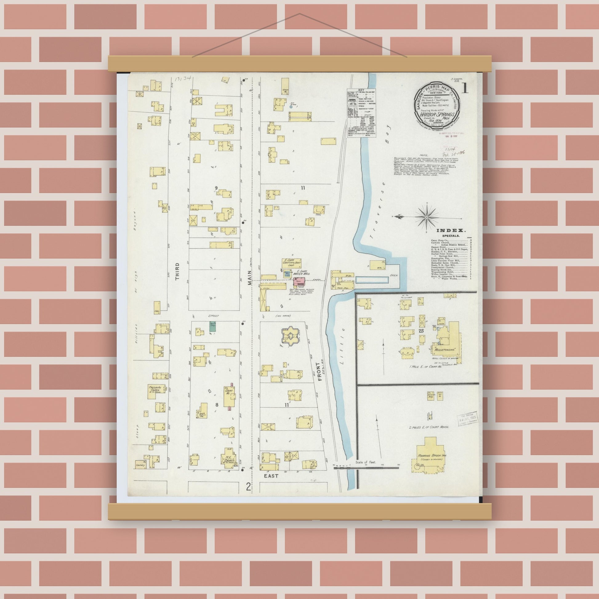 Old map wall art mockup — magnetic wood frame on brick wall — Sanborn Fire Insurance Map from Harbor Springs, Emmet County, Michigan (1896) - Complete Map Set