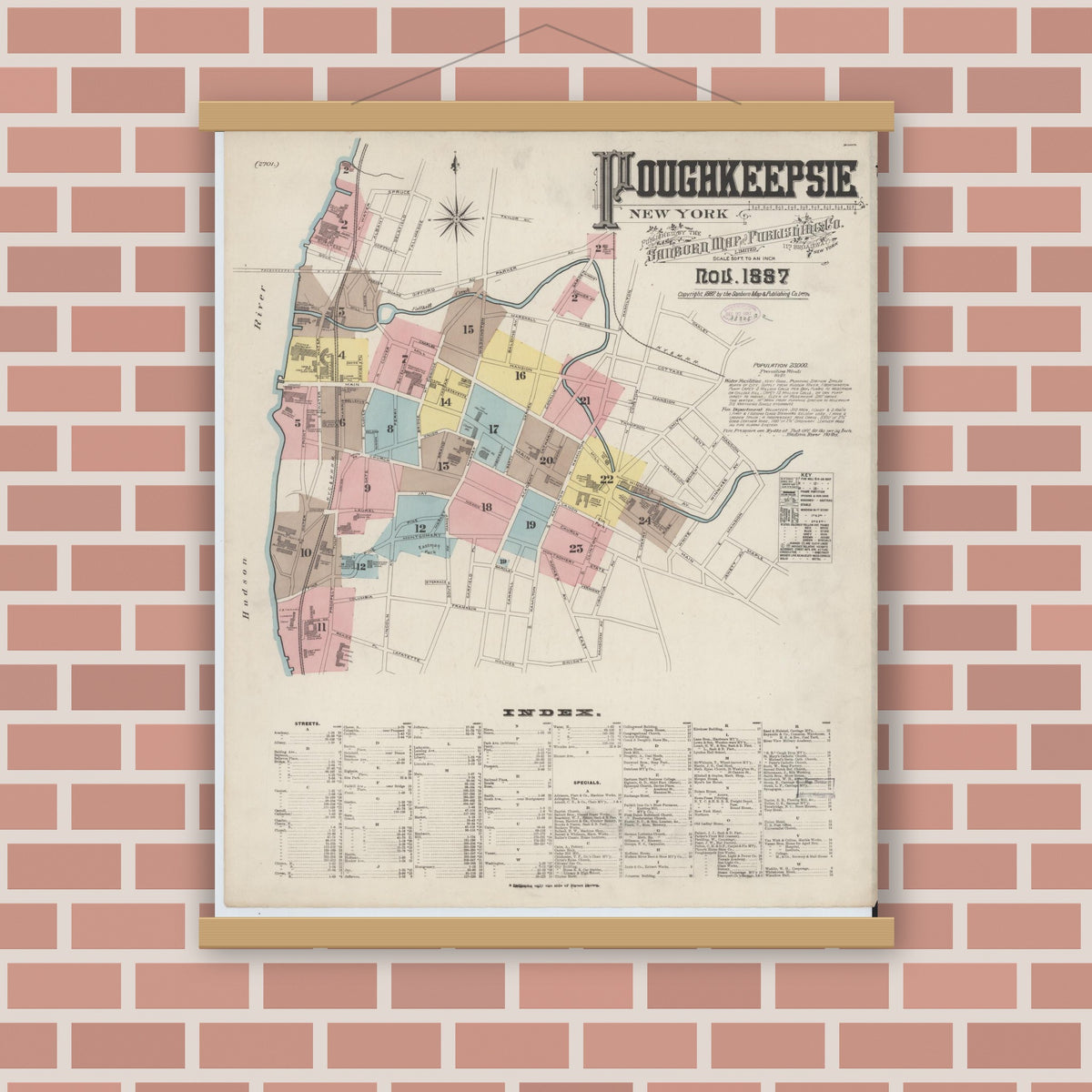 Old map wall art mockup — magnetic wood frame on brick wall — Sanborn Fire Insurance Map from Poughkeepsie, Dutchess County, New York (1887) - Complete Map Set