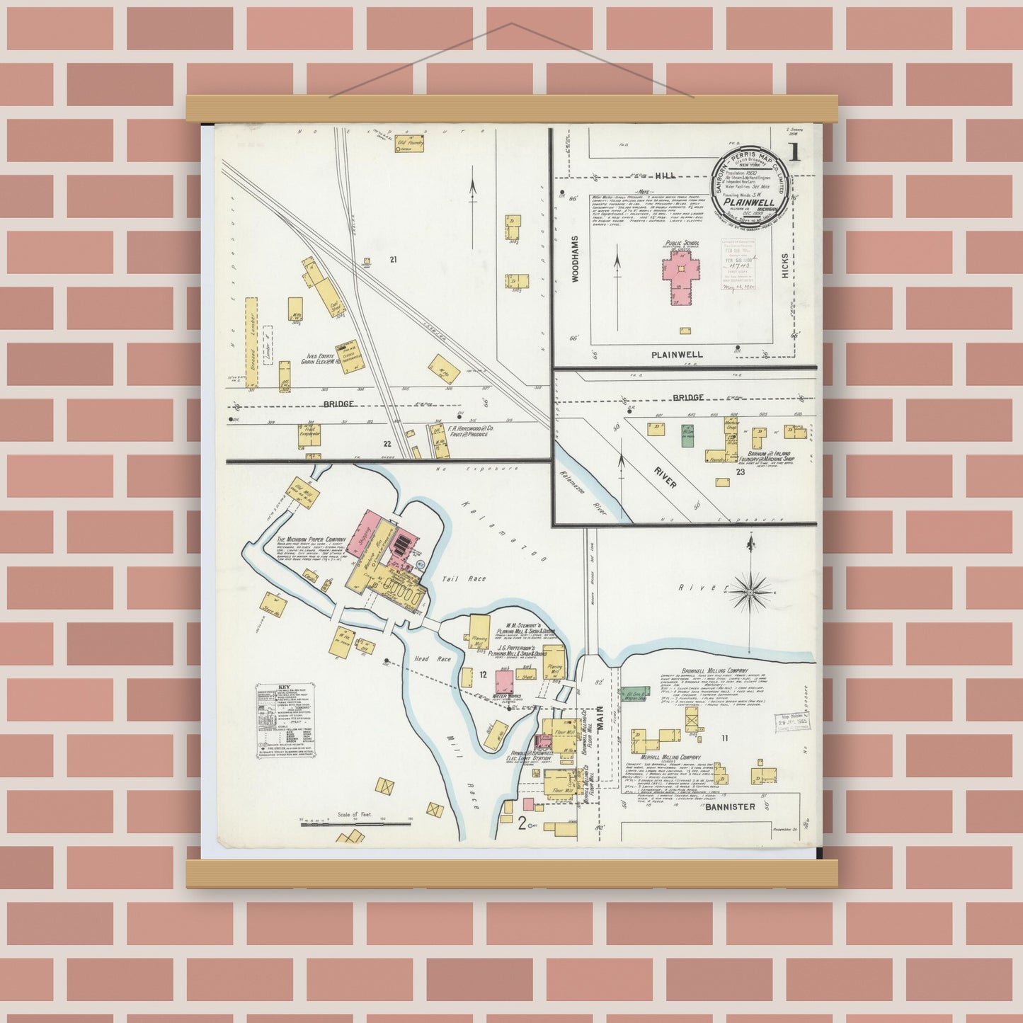 Old map wall art mockup — magnetic wood frame on brick wall — Sanborn Fire Insurance Map from Plainwell, Allegan County, Michigan (1899) - Complete Map Set
