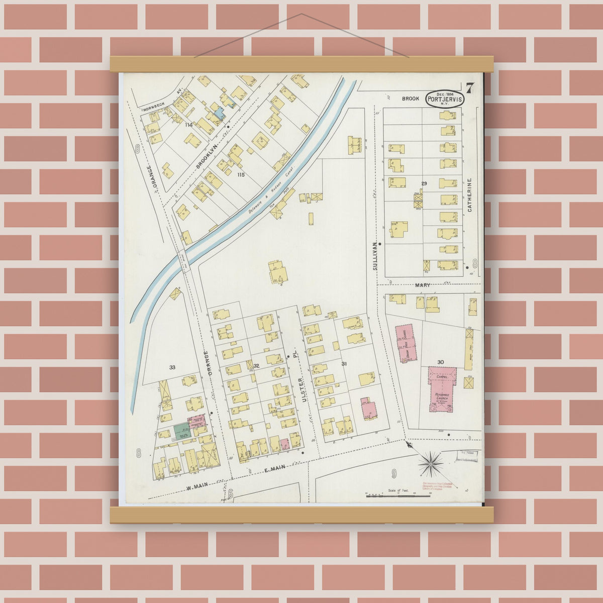 Old map wall art mockup — magnetic wood frame on brick wall — Sanborn Fire Insurance Map from Port Jervis, Orange County, New York (1894), Sheet #0007