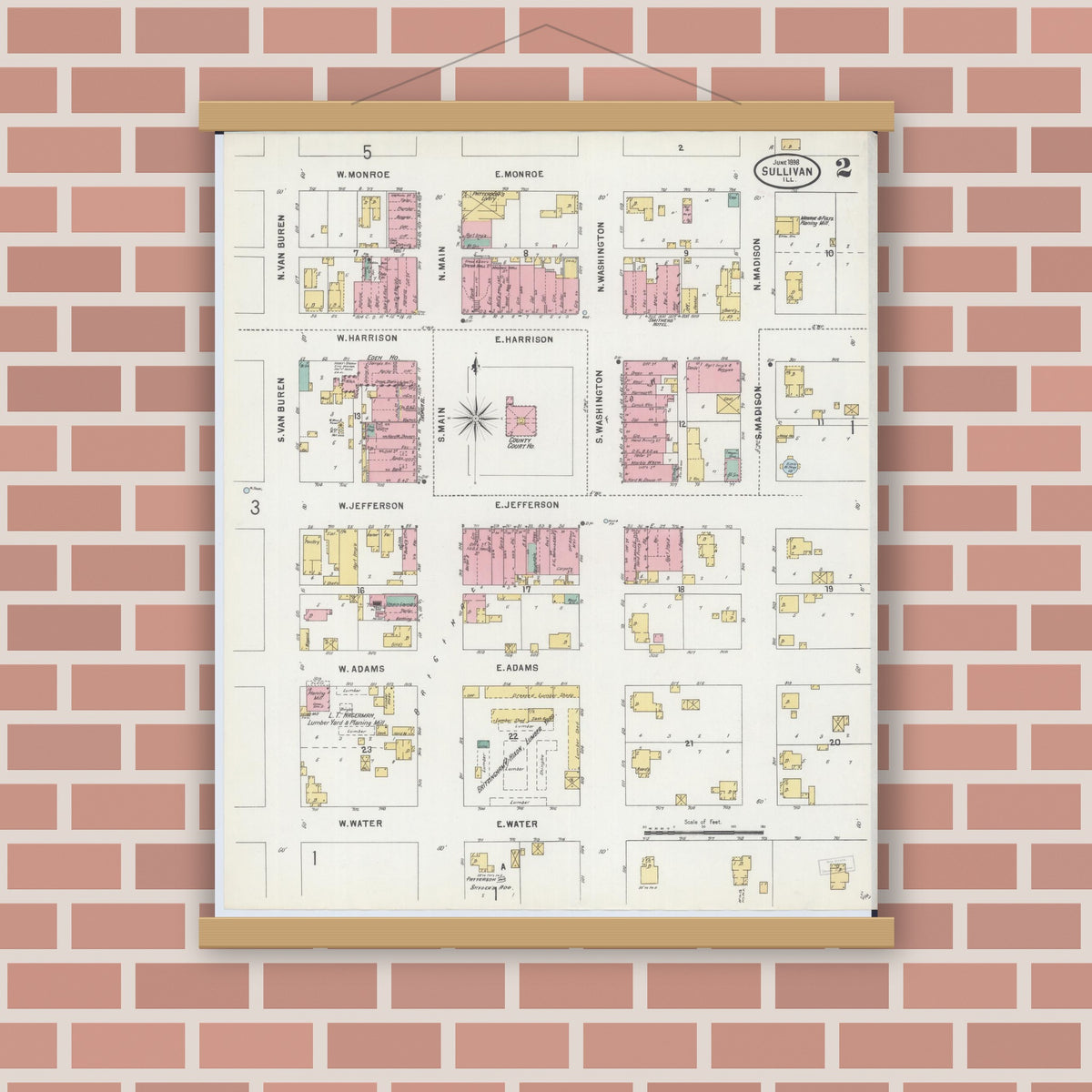 Old map wall art mockup — magnetic wood frame on brick wall — Sanborn Fire Insurance Map from Sullivan, Moultrie County, Illinois (1898), Sheet #0002