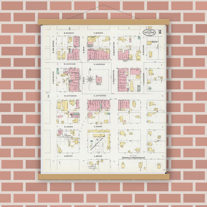 Old map wall art mockup — magnetic wood frame on brick wall — Sanborn Fire Insurance Map from Sullivan, Moultrie County, Illinois (1898), Sheet #0002