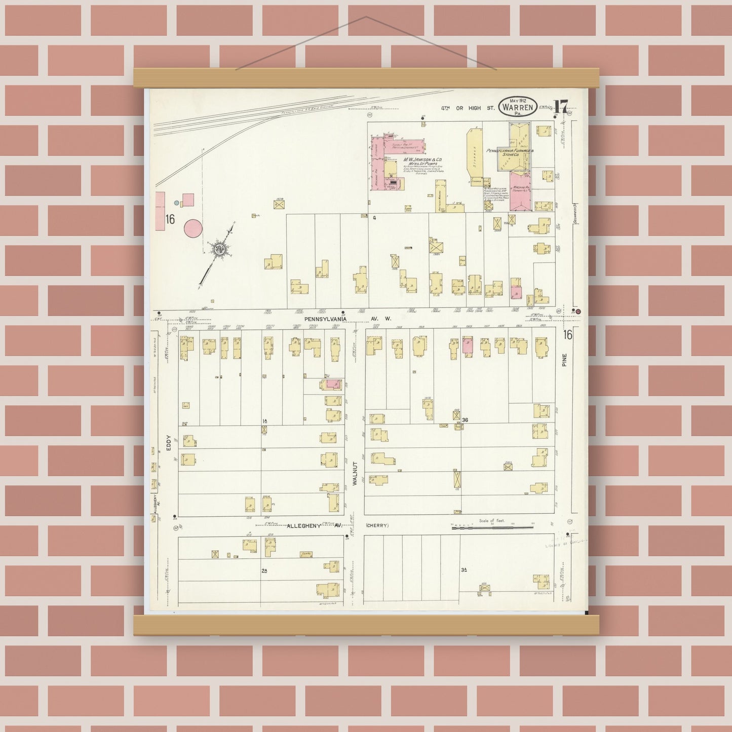 Old map wall art mockup — magnetic wood frame on brick wall — Sanborn Fire Insurance Map from Warren, Warren County, Pennsylvania (1912), Sheet #0017