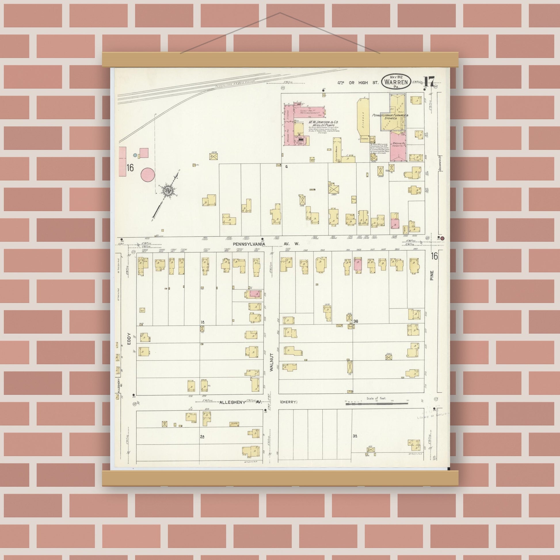 Old map wall art mockup — magnetic wood frame on brick wall — Sanborn Fire Insurance Map from Warren, Warren County, Pennsylvania (1912), Sheet #0017