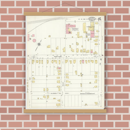 Old map wall art mockup — magnetic wood frame on brick wall — Sanborn Fire Insurance Map from Warren, Warren County, Pennsylvania (1912), Sheet #0017