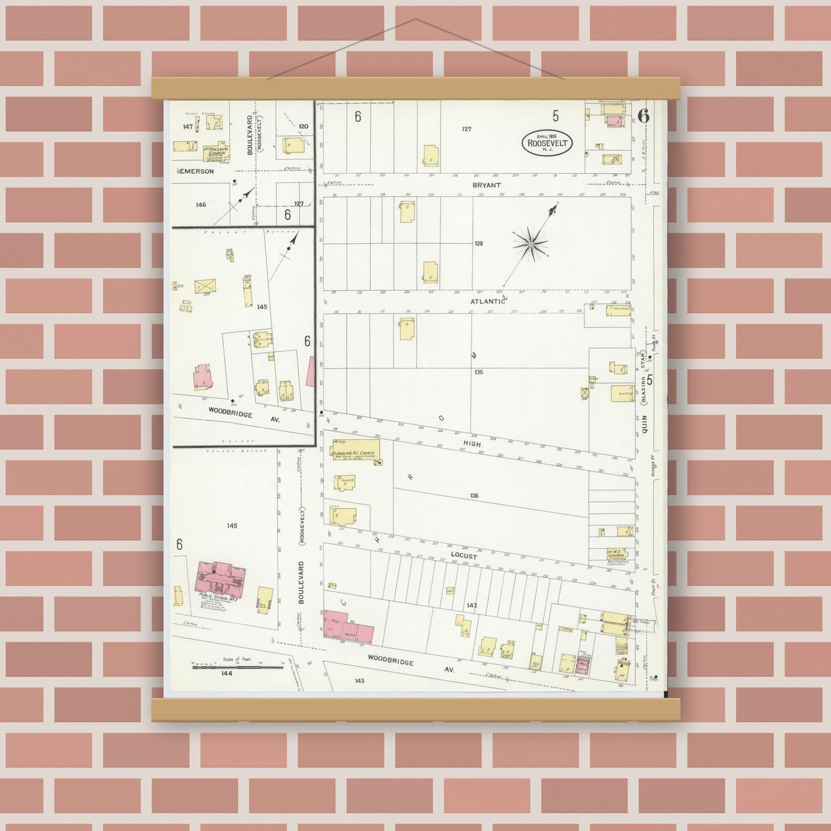 Old map wall art mockup — magnetic wood frame on brick wall — Sanborn Fire Insurance Map from Roosevelt, Middlesex County, New Jersey (1908), Sheet #0006