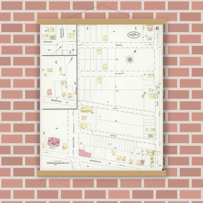 Old map wall art mockup — magnetic wood frame on brick wall — Sanborn Fire Insurance Map from Roosevelt, Middlesex County, New Jersey (1908), Sheet #0006