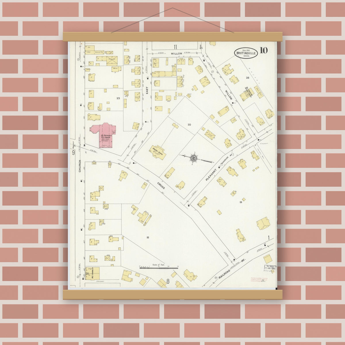 Old map wall art mockup — magnetic wood frame on brick wall — Sanborn Fire Insurance Map from Whitinsville, Worcester County, Massachusetts (1910), Sheet #0010