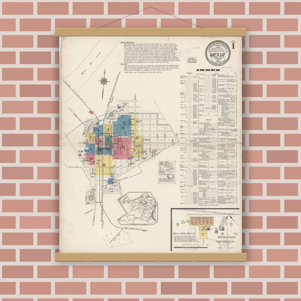 Old map wall art mockup — magnetic wood frame on brick wall — Sanborn Fire Insurance Map from Mexia, Limestone County, Texas (1922) - Complete Map Set