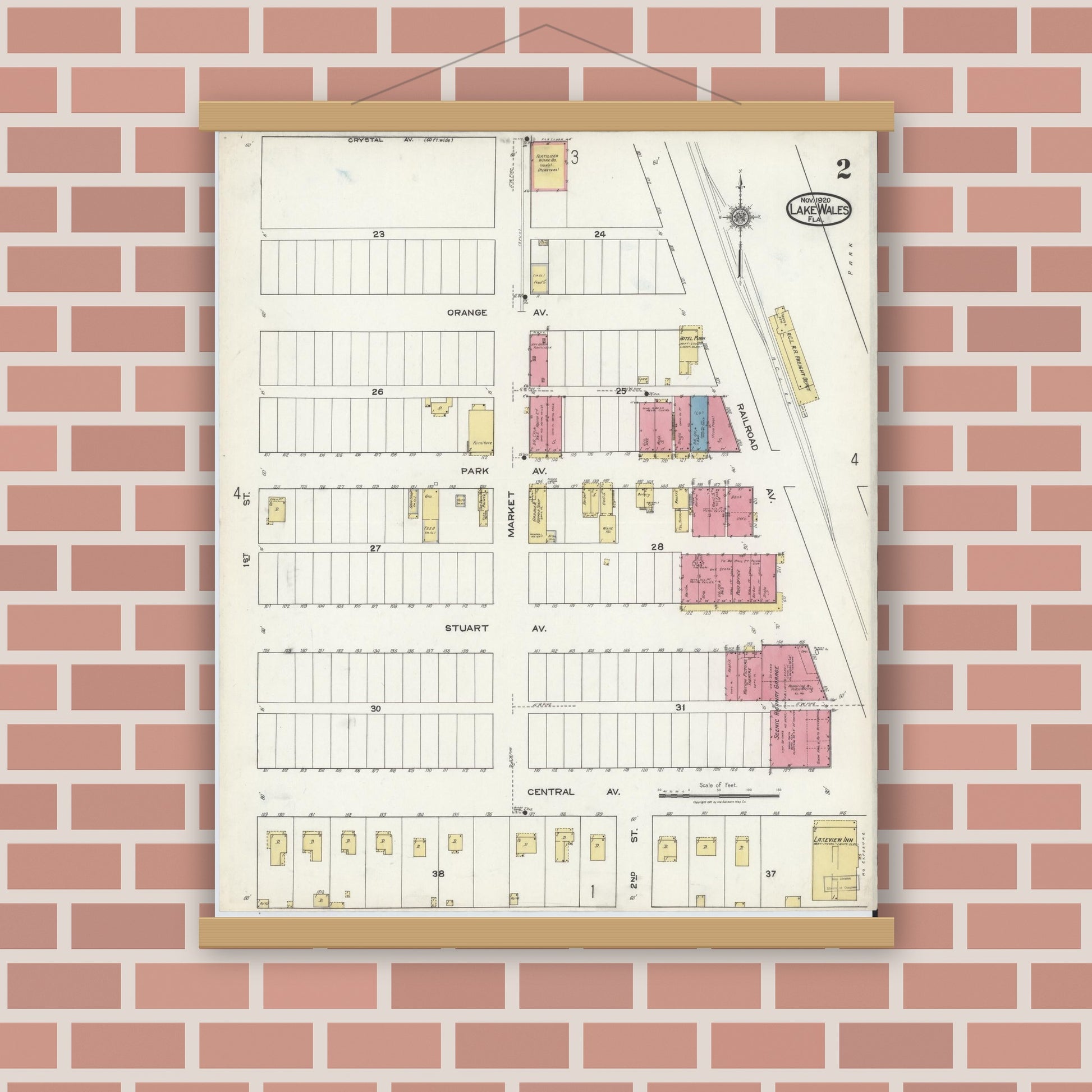 Old map wall art mockup — magnetic wood frame on brick wall — Sanborn Fire Insurance Map from Lake Wales, Polk County, Florida (1920), Sheet #0002