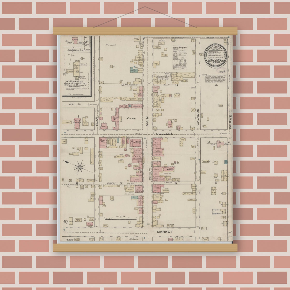 Old map wall art mockup — magnetic wood frame on brick wall — Sanborn Fire Insurance Map from Salem, Independent Cities, Virginia (1886), Sheet #0001