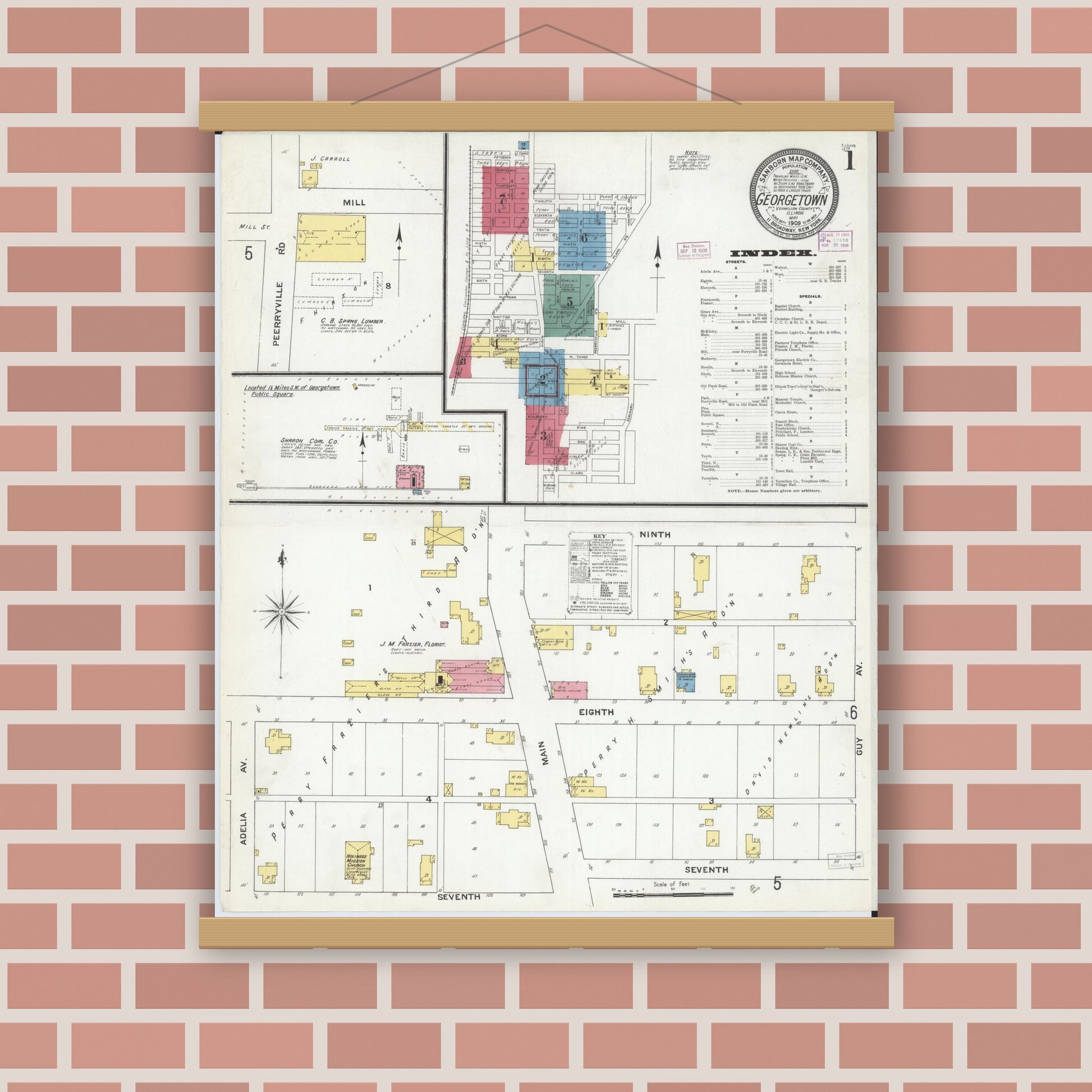 Old map wall art mockup — magnetic wood frame on brick wall — Sanborn Fire Insurance Map from Georgetown, Vermilion County, Illinois (1909) - Complete Map Set