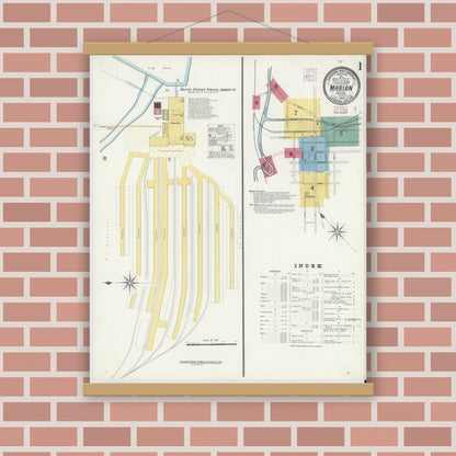 Old map wall art mockup — magnetic wood frame on brick wall — Sanborn Fire Insurance Map from Marion, Smyth County, Virginia (1908), Sheet #0001