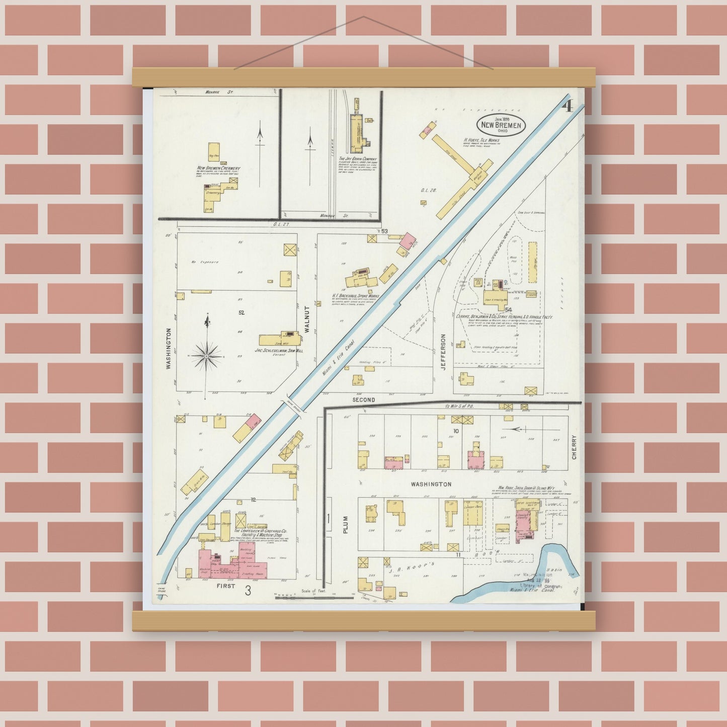 Old map wall art mockup — magnetic wood frame on brick wall — Sanborn Fire Insurance Map from New Bremen, Auglaize County, Ohio (1899), Sheet #0004