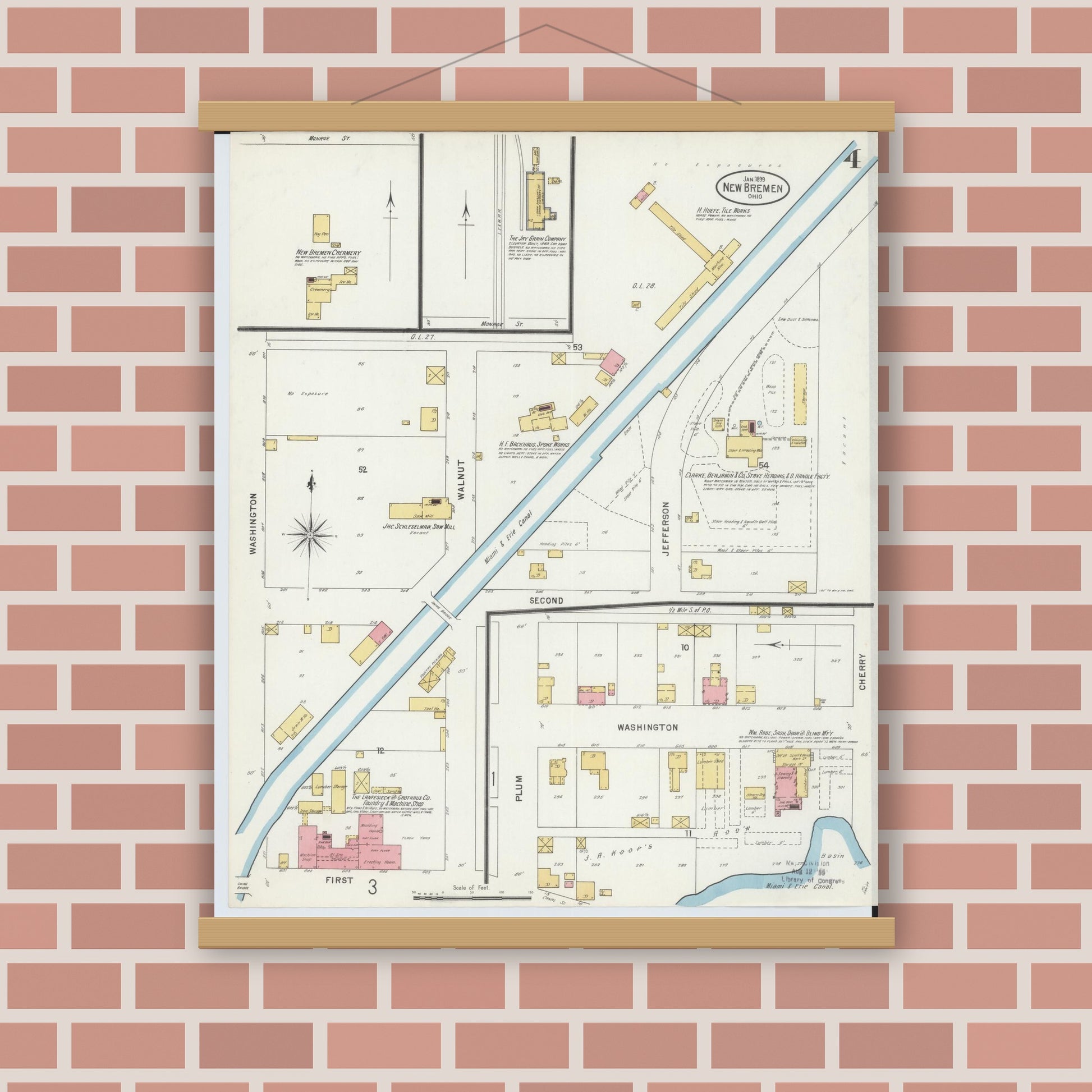 Old map wall art mockup — magnetic wood frame on brick wall — Sanborn Fire Insurance Map from New Bremen, Auglaize County, Ohio (1899), Sheet #0004