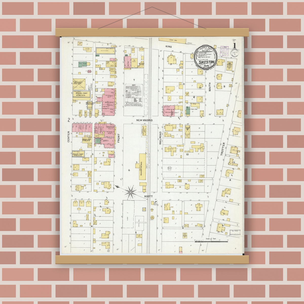 Old map wall art mockup — magnetic wood frame on brick wall — Sanborn Fire Insurance Map from Sikeston, Scott County, Missouri (1901), Sheet #0001