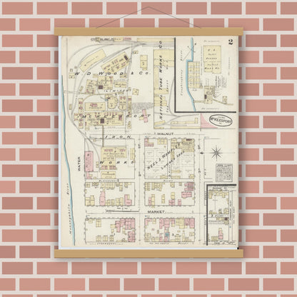 Old map wall art mockup — magnetic wood frame on brick wall — Sanborn Fire Insurance Map from McKeesport, Allegheny County, Pennsylvania (1884), Sheet #0002