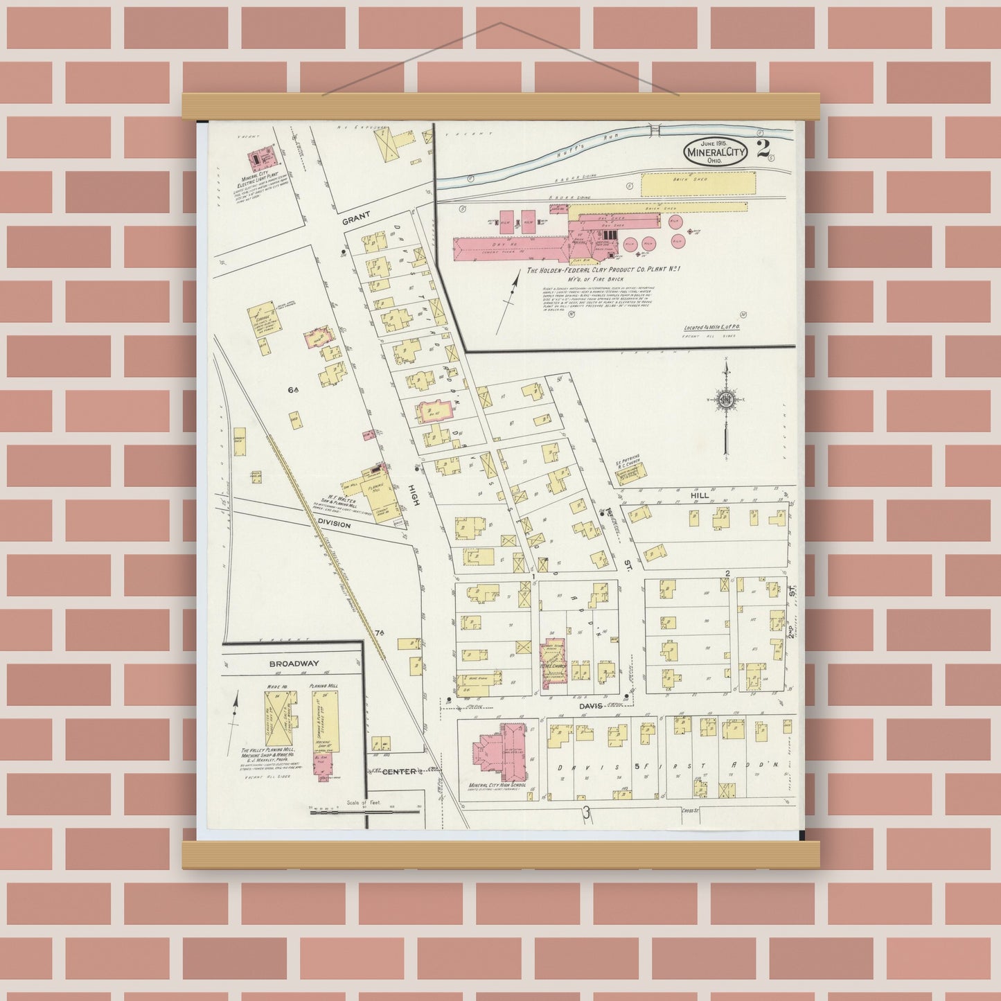 Old map wall art mockup — magnetic wood frame on brick wall — Sanborn Fire Insurance Map from Mineral City, Tuscarawas County, Ohio (1915), Sheet #0002