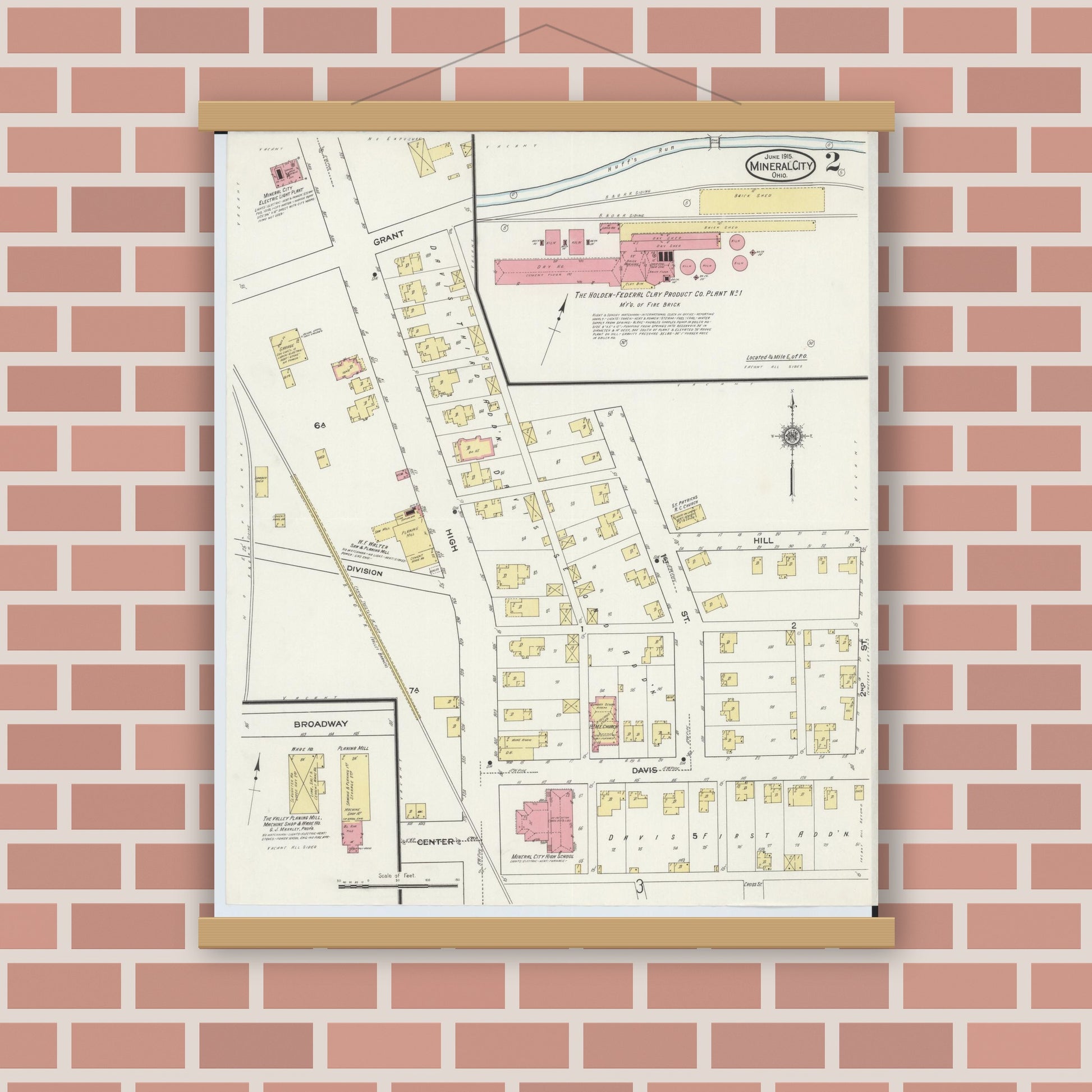 Old map wall art mockup — magnetic wood frame on brick wall — Sanborn Fire Insurance Map from Mineral City, Tuscarawas County, Ohio (1915), Sheet #0002