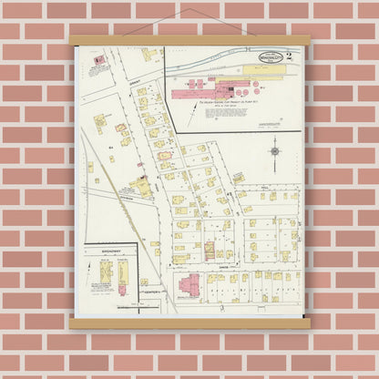 Old map wall art mockup — magnetic wood frame on brick wall — Sanborn Fire Insurance Map from Mineral City, Tuscarawas County, Ohio (1915), Sheet #0002