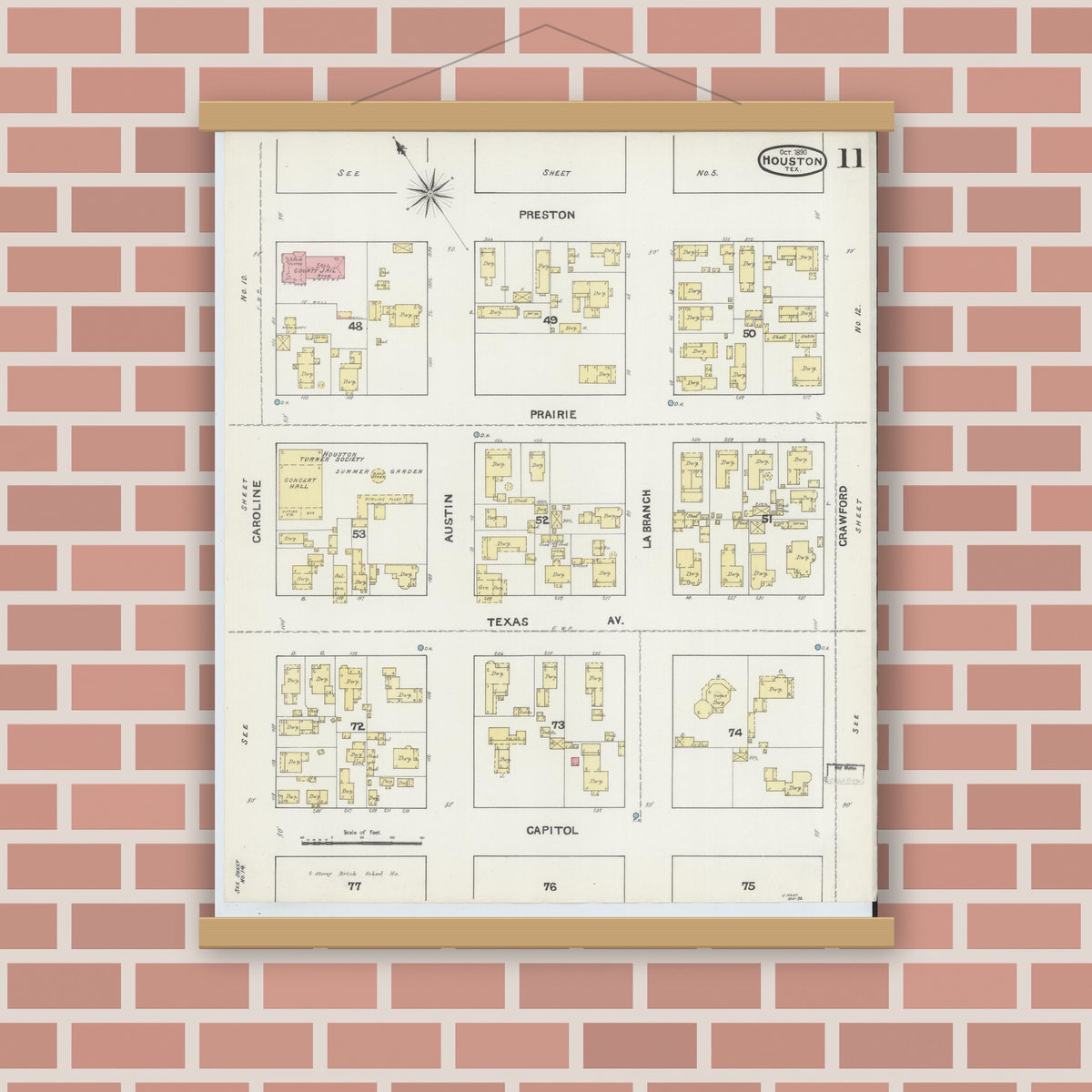 Old map wall art mockup — magnetic wood frame on brick wall — Sanborn Fire Insurance Map from Houston, Harris County, Texas (1890), Sheet #0011