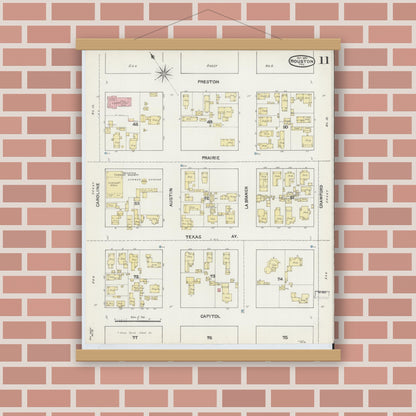 Old map wall art mockup — magnetic wood frame on brick wall — Sanborn Fire Insurance Map from Houston, Harris County, Texas (1890), Sheet #0011