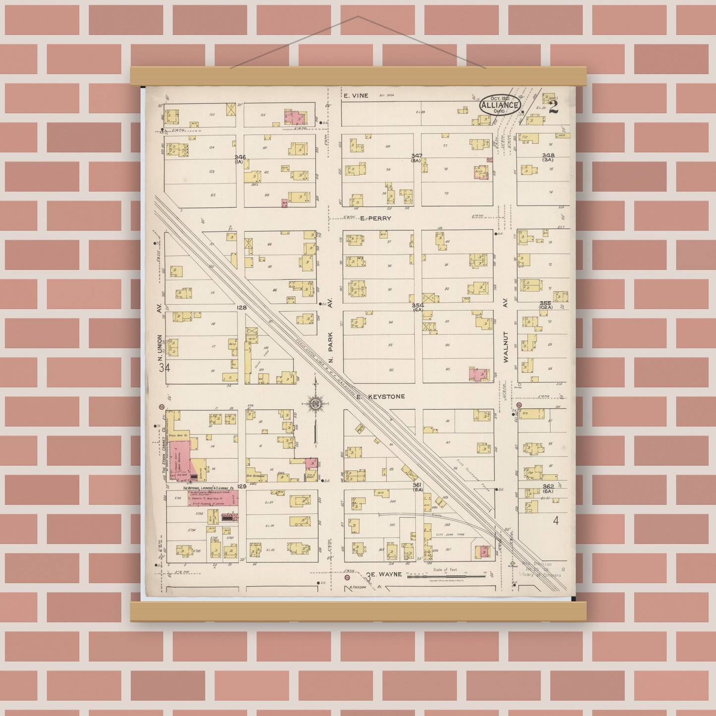 Old map wall art mockup — magnetic wood frame on brick wall — Sanborn Fire Insurance Map from Alliance, Stark County, Ohio (1921), Sheet #0002