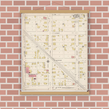 Old map wall art mockup — magnetic wood frame on brick wall — Sanborn Fire Insurance Map from Alliance, Stark County, Ohio (1921), Sheet #0002