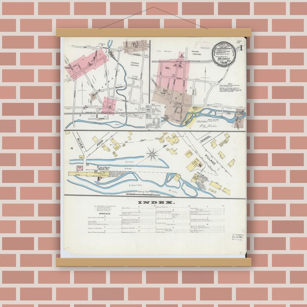 Old map wall art mockup — magnetic wood frame on brick wall — Sanborn Fire Insurance Map from Medway, Norfolk County, Massachusetts (1892) - Complete Map Set