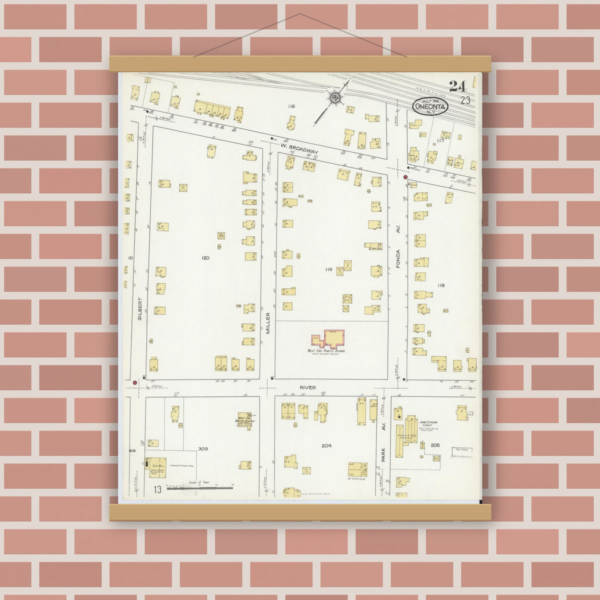 Old map wall art mockup — magnetic wood frame on brick wall — Sanborn Fire Insurance Map from Oneonta, Otsego County, New York (1916), Sheet #0024